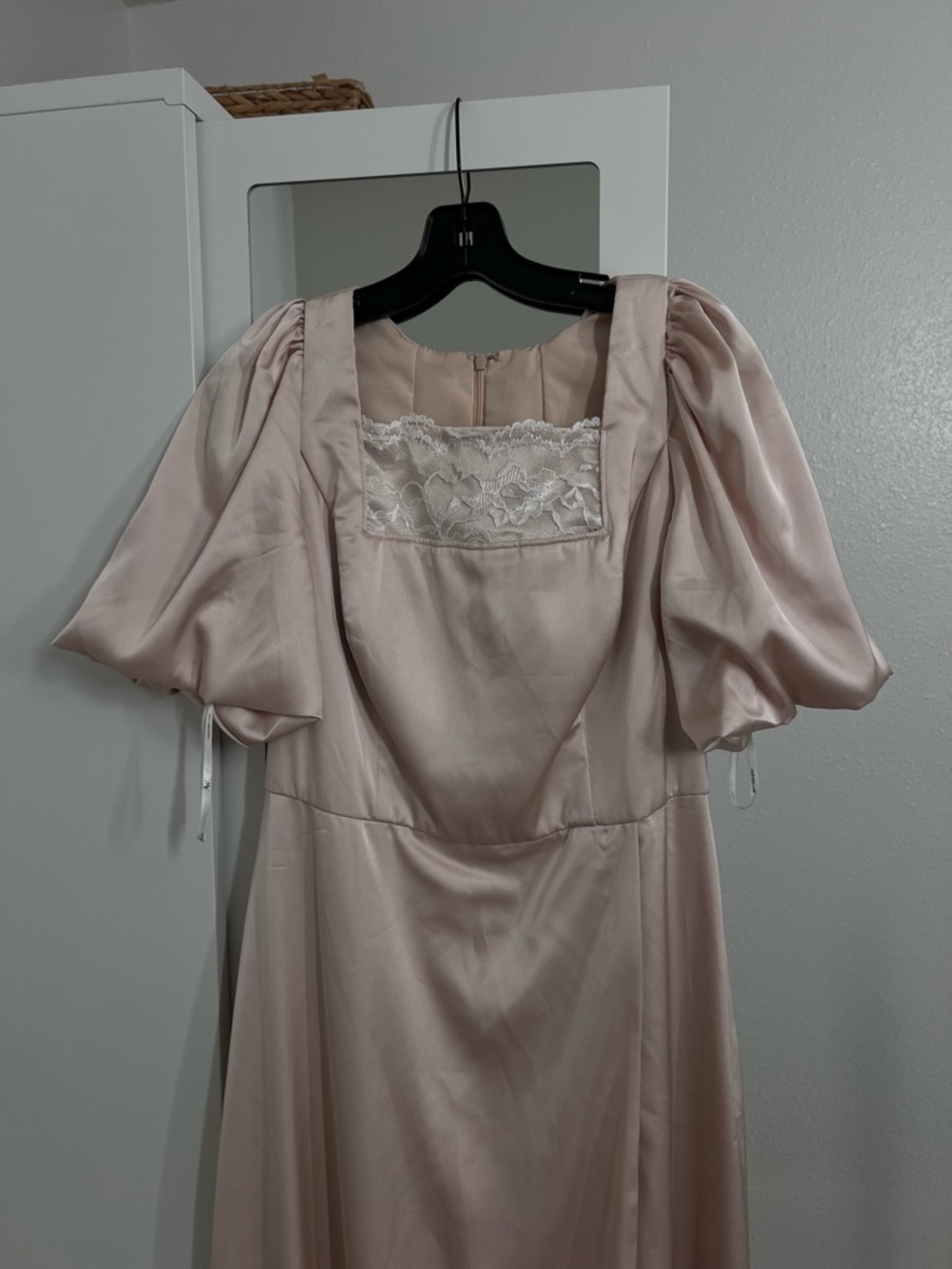 Blush Pink Satin Dress with Lace Square Neck